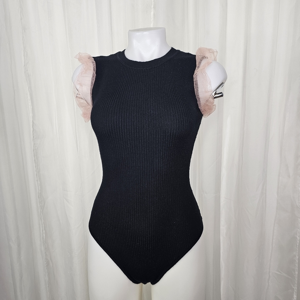 Missguided Black Ribbed Bodysuit Pink Tulle Ruffle Sleeves Chic Balletcore 6